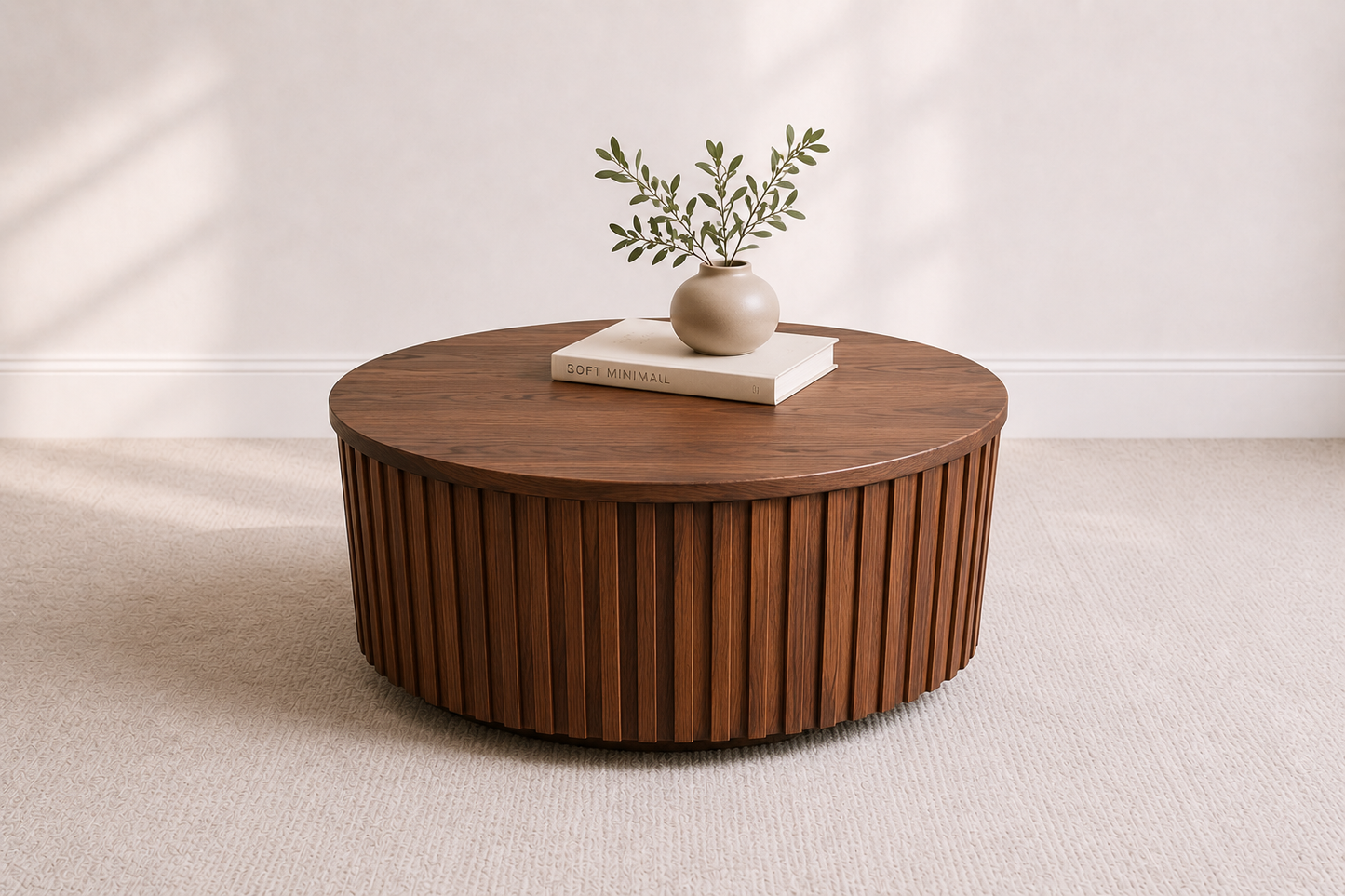 A round modern coffee table handcrafted from solid walnut featuring a slatted body built by a custom furniture maker in Nashville, TN.