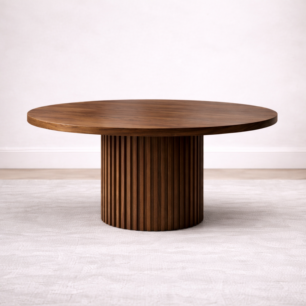 A bespoke round dining table handcrafted from solid walnut featuring a fluted base built by a custom furniture maker in Nashville, TN.