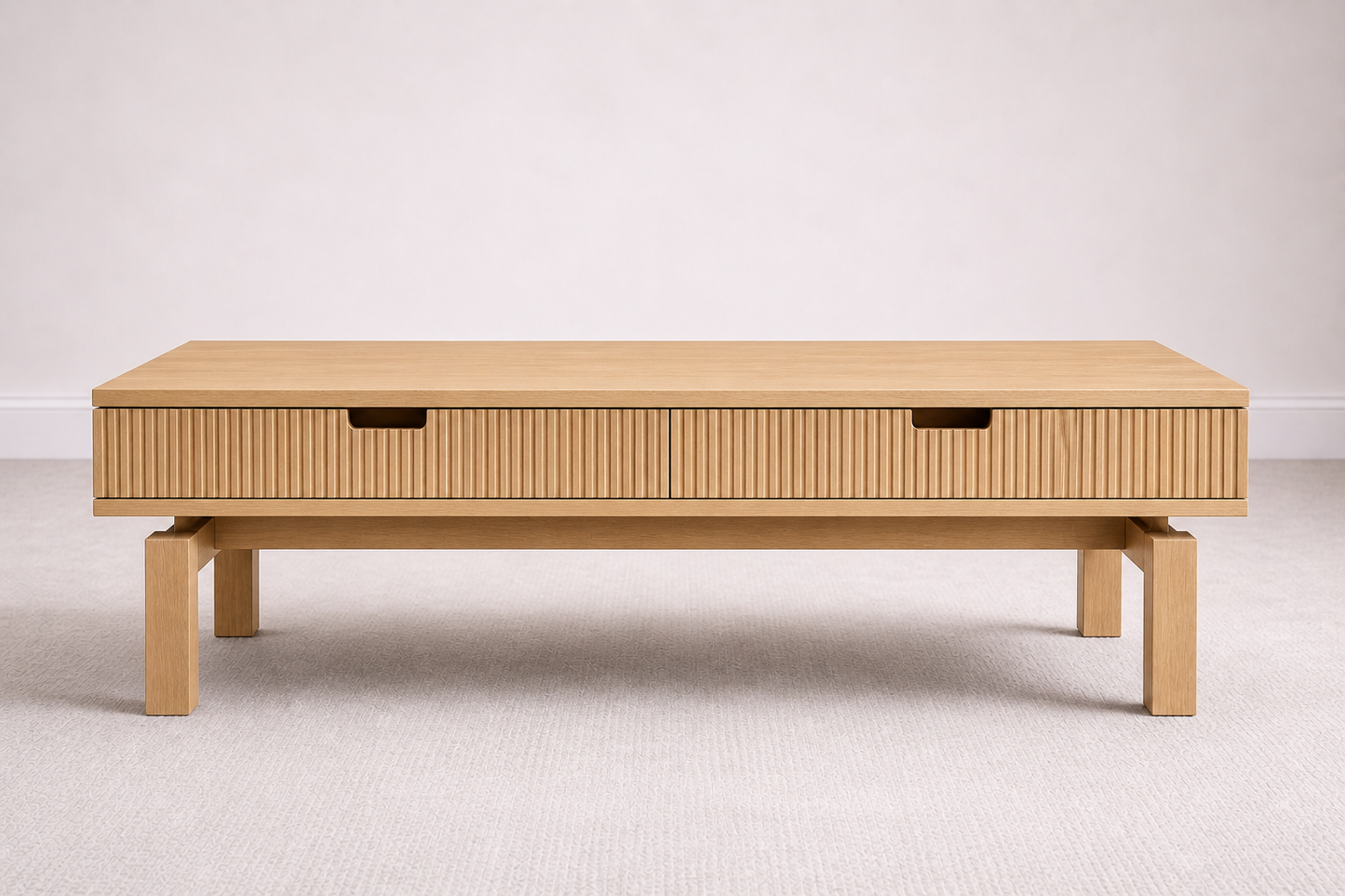 A bespoke coffee table handcrafted from solid white oak featuring a slatted body built by a custom furniture maker in Nashville, TN.