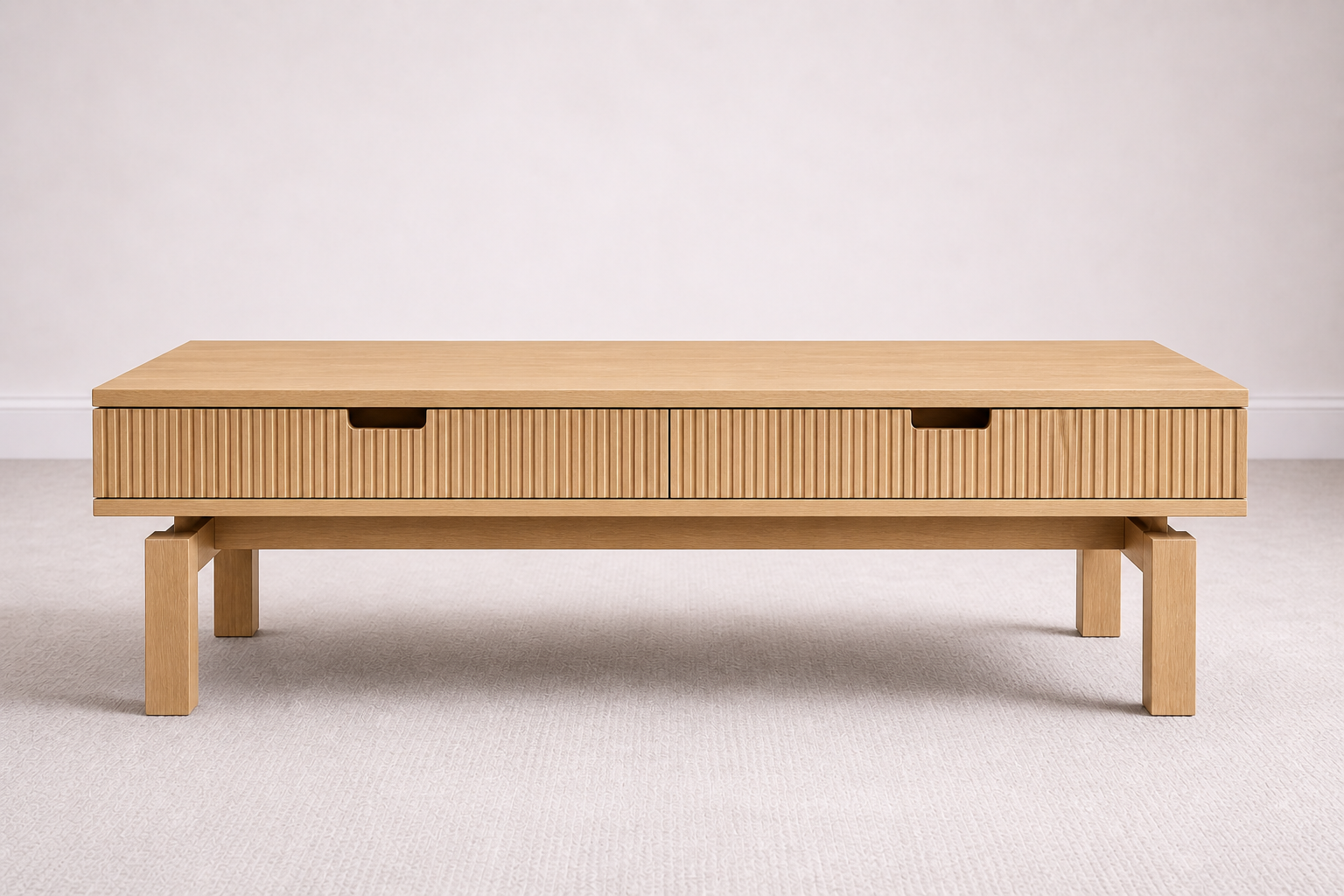 A bespoke coffee table handcrafted from solid white oak featuring a slatted body built by a custom furniture maker in Nashville, TN.