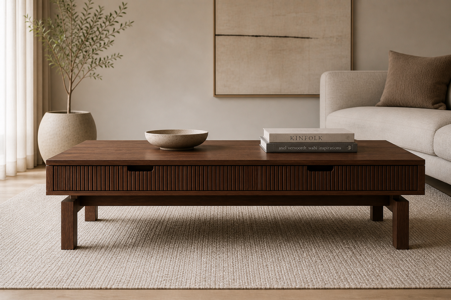 A bespoke coffee table handcrafted from solid walnut featuring a fluted body built by a custom furniture maker in Nashville, TN.