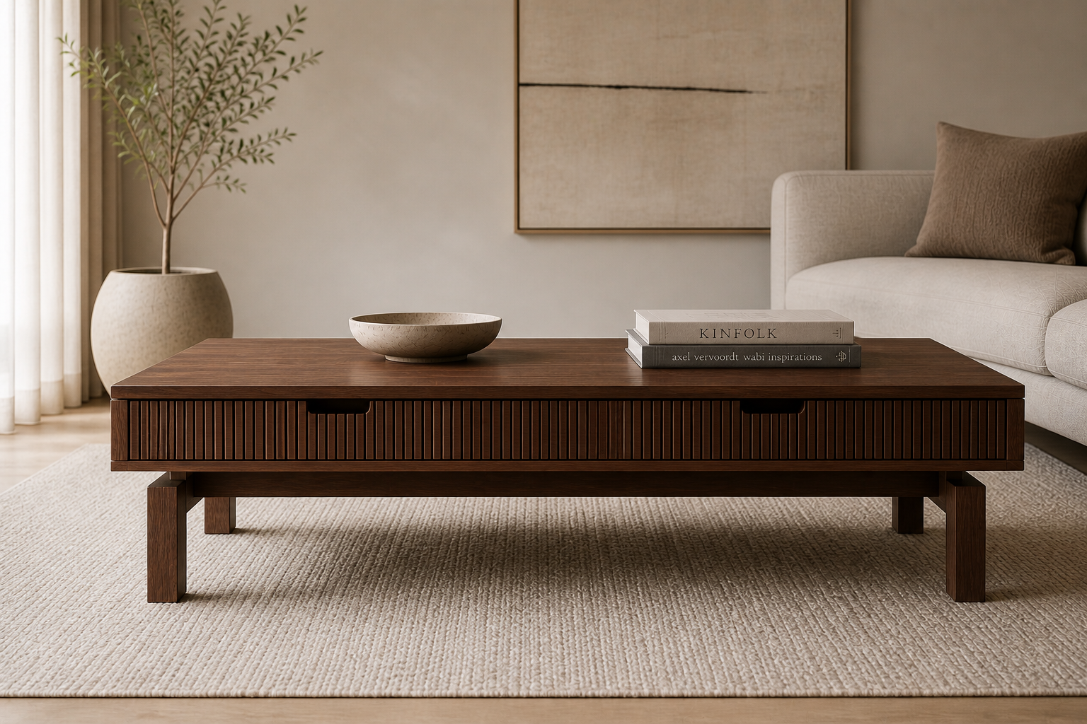 A bespoke coffee table handcrafted from solid walnut featuring a fluted body built by a custom furniture maker in Nashville, TN.