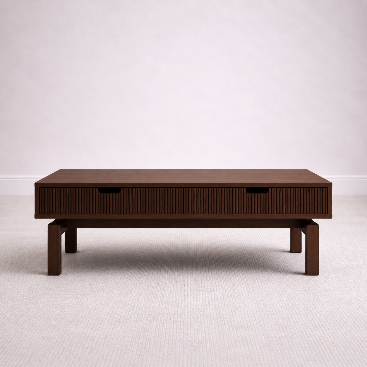 A bespoke coffee table handcrafted from solid walnut featuring a slatted body built by a custom furniture maker in Nashville, TN.