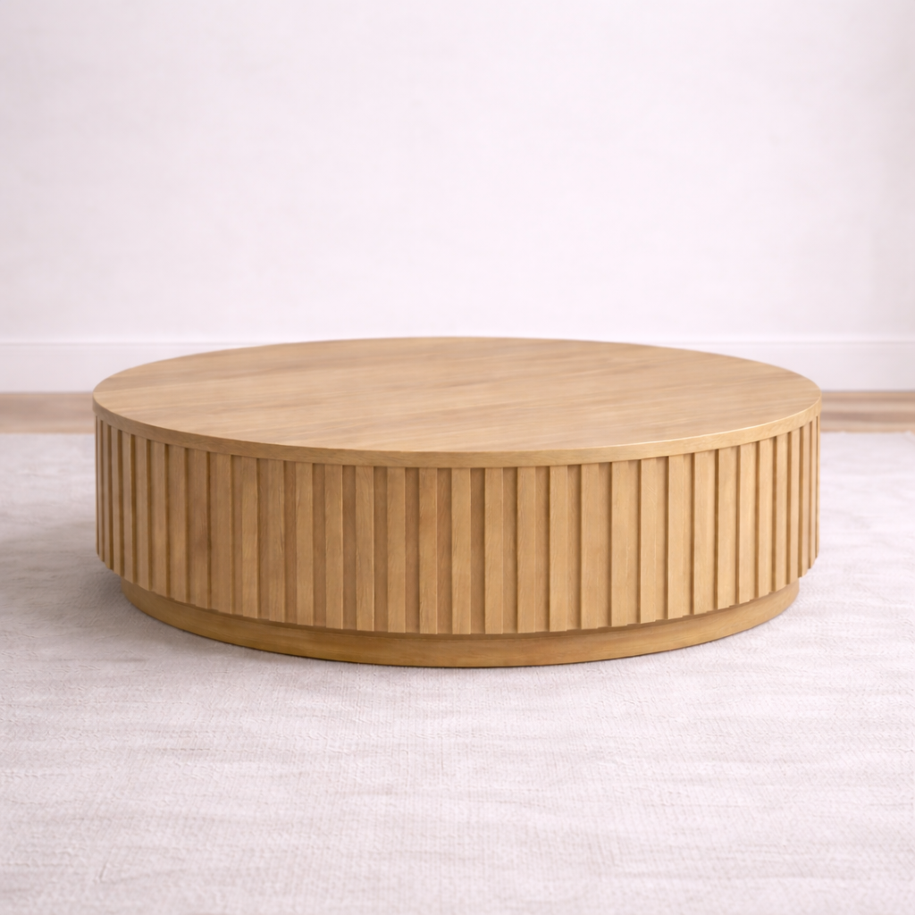 A round bespoke coffee table handcrafted from solid white oak featuring a slatted body built by a custom furniture maker in Nashville, TN.