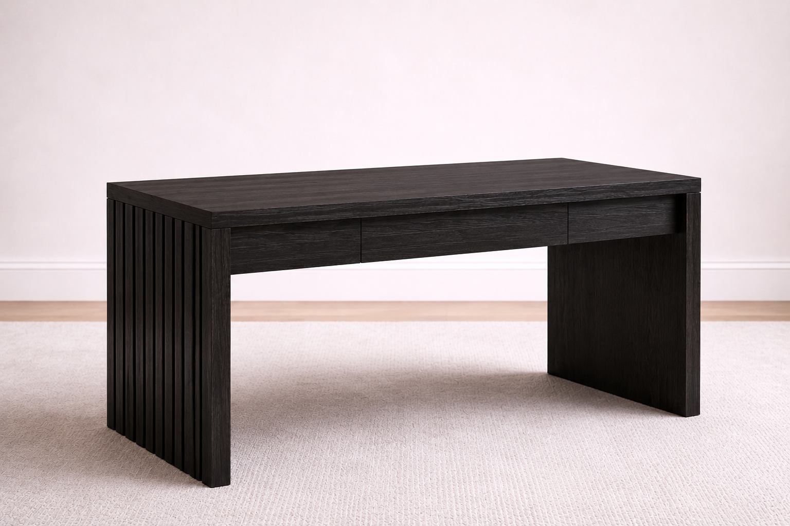 A bespoke desk handcrafted from solid oak with an ebony finish featuring fluted legs, built by a custom furniture maker in Nashville, TN.