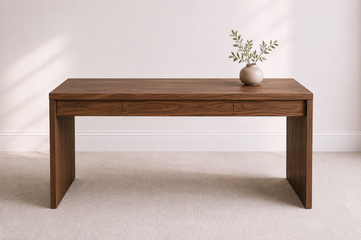 A bespoke desk handcrafted from solid walnut featuring fluted legs, built by a custom furniture maker in Nashville, TN.