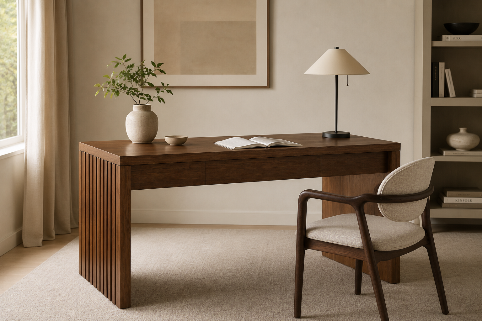 A desk handcrafted from solid walnut featuring fluted legs, built by a custom furniture maker in Nashville, TN.