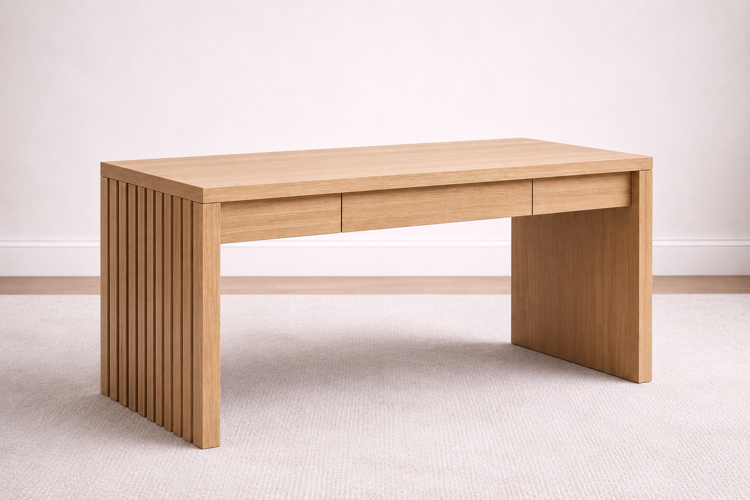 A bespoke desk handcrafted from solid white oak featuring fluted legs, built by a custom furniture maker in Nashville, TN.