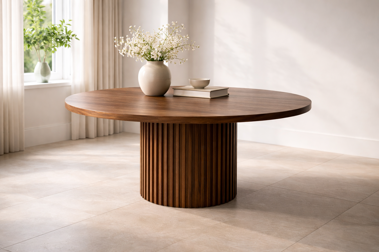A bespoke round dining table handcrafted from solid walnut featuring a slatted base built by a custom furniture maker in Nashville, TN.