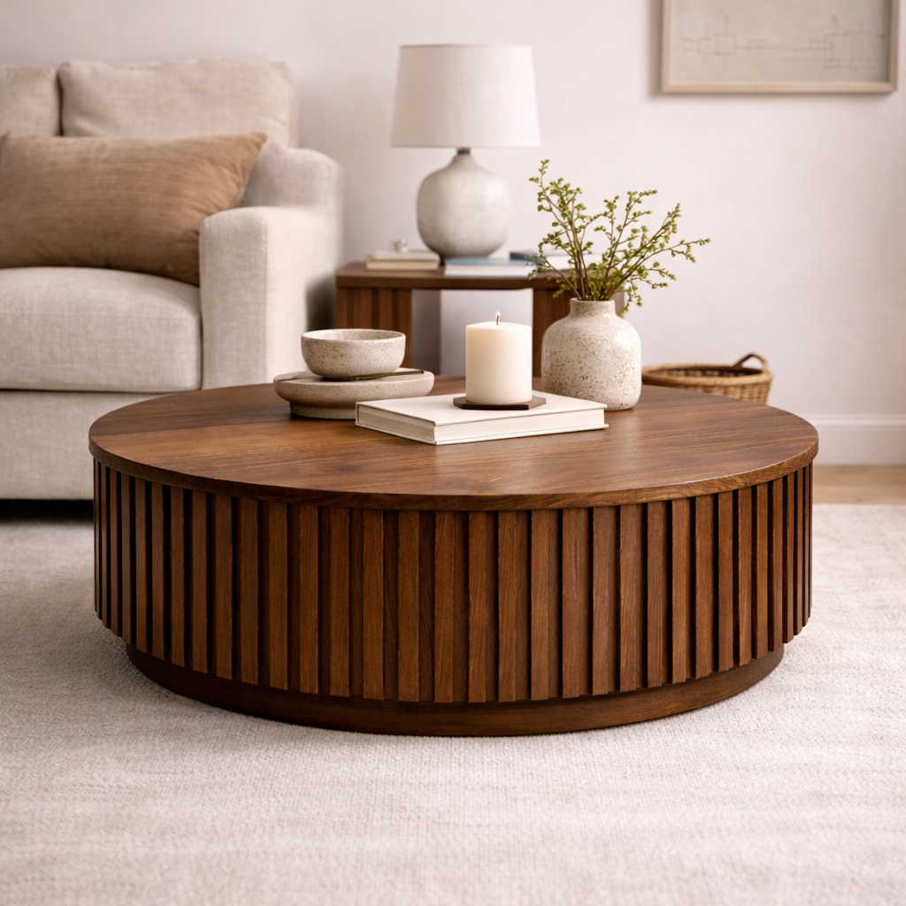 A round bespoke coffee table handcrafted from solid walnut featuring a slatted body built by a custom furniture maker in Nashville, TN.