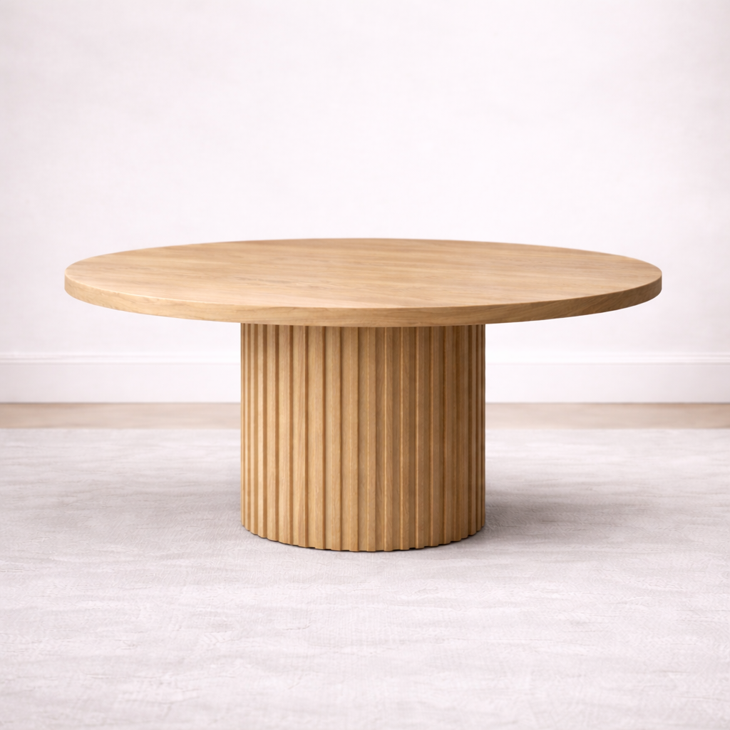 A bespoke round dining table handcrafted from solid white oak featuring fluted legs built by a custom furniture maker in Nashville, TN.